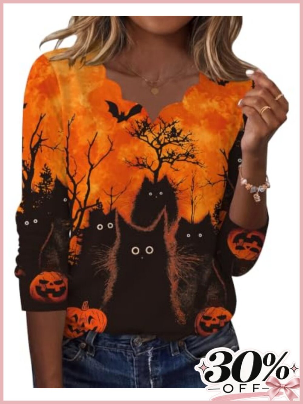 Womens Long Sleeve V-Neck Halloween Graphic Top Scallop Trim